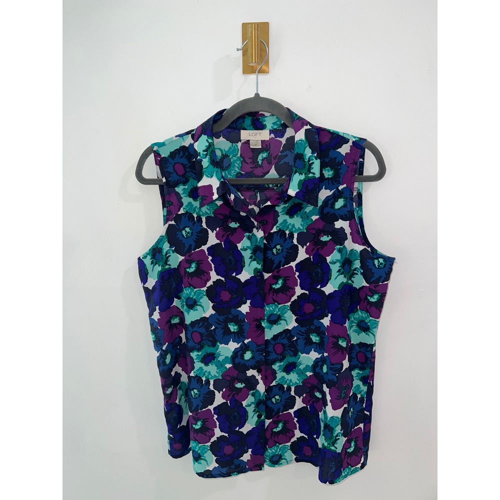 LOFT‎ Sleeveless Blouse Floral Button Down Purple Teal Medium Poppy Print Top